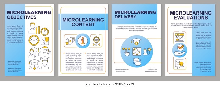 Elements of microlearning blue brochure template. Objectives. Leaflet design with linear icons. Editable 4 vector layouts for presentation, annual reports. Arial, Myriad Pro-Regular fonts used