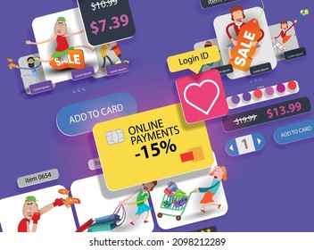 Elements of the mobile interface with cartoon characters on the screen. Vector banner