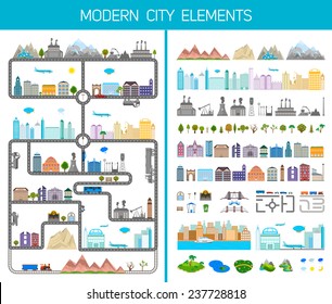 Elements of the modern city. Design your own town. Map elements for your pattern, web site or other type of design. Vector illustration.