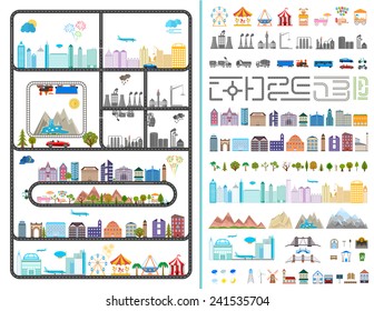 Elements of the modern city. Design your own town. Map elements for your pattern, web site or other type of design. Vector illustration.