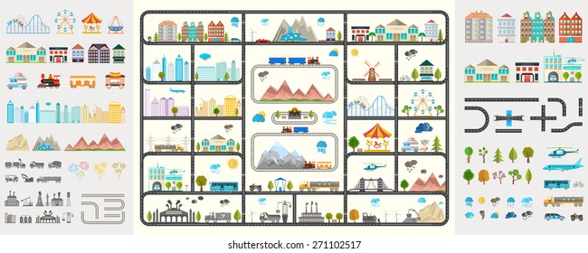 Elements Of Modern City. Design Your Own Town. Map Elements For Your Pattern, Web Site Or Other Type Of Design.