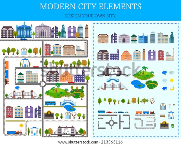 Elements of the modern city. Design your\
own town. Map elements for your pattern, web site or other type of\
design. Vector\
illustration.