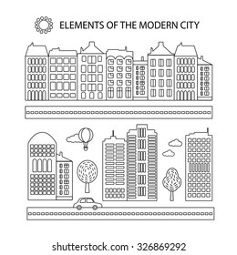 The elements of a modern city in a linear style. Different city elements for creating your own map. Vector illustration