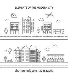 The elements of a modern city in a linear style. Different city elements for creating your own map. Vector illustration