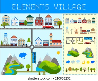 Elements of the modern village. Design your own village. Vector illustration.