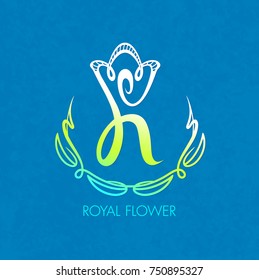 Elements of monogram design, royal flower, pattern on a blue background. Calligraphic elegant logo design. Letter R. Vintage emblem or logo. Business sign, person, label, icon, flower shop.