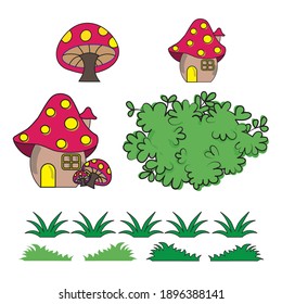 Elements of Mushroom House Home and green grass bush for fairy tales village decoration landscape illustration, red roof, yellow door, Vector Line Art.