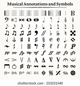 Elements of musical symbols, icons and annotations.