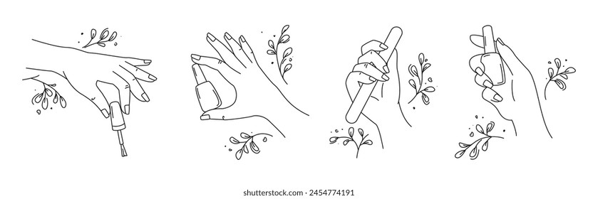 Elements for nail studio. Logos for manicurist, beauty spa. Hands hold nail polish, nail file