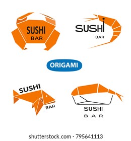 Elements of national Japanese cuisine. Set of vector elements in origami style for any design