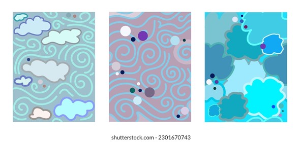 Elements of nature Air. Vector drawing of leaves green background. Collection set of three. Colourful abstract forms of clouds winds. World air day Background for cards, advertisements flyers.