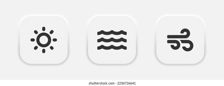 Elements of nature, light, water, wind icons set in neumorphism style. Vector EPS 10