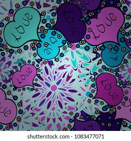 Elements neutral, violet, blue, black and pink colors on background. Vector pattern for your creativity. Seamless festive texture with doodle hearts and love inscription.