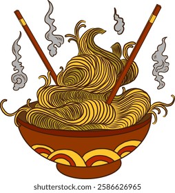 Elementos para macarrão em menu.Tradicional rami japonês e onda para impressão de restaurante em wallpaper.Ramen ilustração vetor para doodle art.Sunrise com hashis vetor para pintura em fundo.