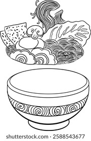 Elements for noodle on menu.Traditional Japanese ramen and wave for restaurant printing on wallpaper.Ramen vector illustration for doodle art.Sunrise with chopsticks vector for painting on background.