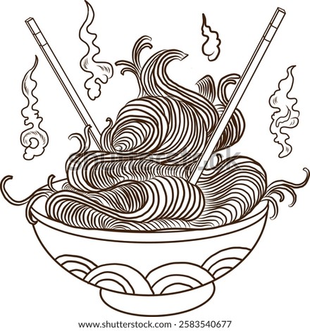 Elements for noodle on menu.Traditional Japanese ramen and wave for restaurant printing on wallpaper.Ramen vector illustration for doodle art.Sunrise with chopsticks vector for painting on background.
