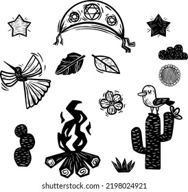 Elements of the northeastern culture of Brazil. Separated vectors in woodcut style
