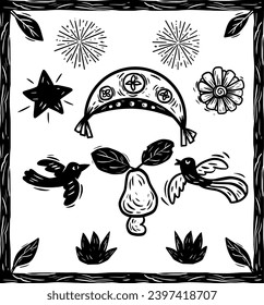 Elements of northeastern culture. Hat, cashew and fireworks. in woodcut style