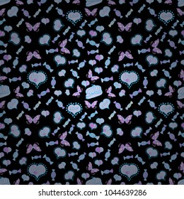 Elements on black, neutral and blue colors. Seamless Love pattern with hand drawn doodle hearts. Valentines Day design.