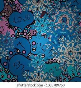 Elements on blue, black, beige, neutral and pink colors. Seamless Love pattern with hand drawn doodle hearts. Valentines Day design.
