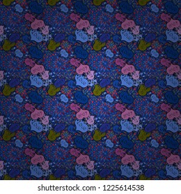 Elements on blue, black and pink colors. Seamless Love pattern with hand drawn doodle hearts. Valentines Day design.