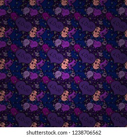 Elements on blue, violet and black colors. Valentines Day design. Seamless Love pattern with hand drawn doodle hearts.