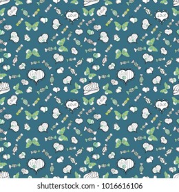 Elements on blue, white and neutral colors. Seamless Love pattern with hand drawn doodle hearts. Valentines Day design.