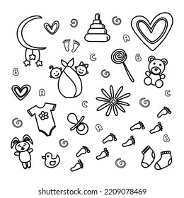 Elements on a children's theme. Toys, mobile, bodysuit, footprints, teddy, nipple. Vector linear black and white illustration.