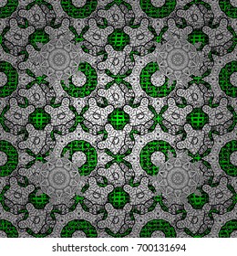 Elements on green background. Damask pattern repeating background. White white floral ornament in baroque style.