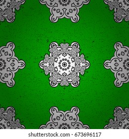 Elements on green and white background. Damask pattern repeating background. White green and white floral ornament in baroque style.
