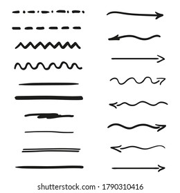 Elements on isolated white background. Hand drawn underlines and arrows. Black and white illustration