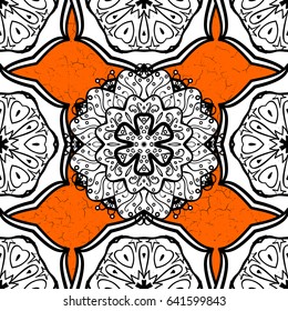 Elements on orange and white background. Antique repeatable wallpaper. White, orange and white floral ornament in baroque style. Damask pattern repeating background.