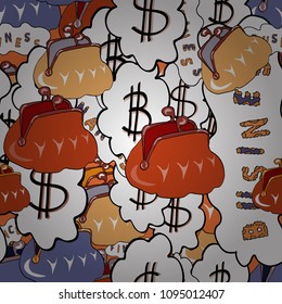 Elements on orange, white and black colors. Vector illustration. Seamless Dollar tag sign, money dollar icon - dollar bill symbol.