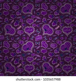 Elements on purple, violet and white colors. Seamless Love pattern with hand drawn doodle hearts. Valentines Day design.