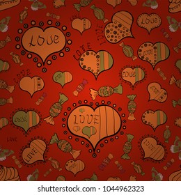 Elements on red, orange and black colors. Seamless Love pattern with hand drawn doodle hearts. Valentines Day design.