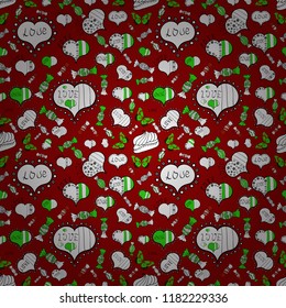 Elements on red, white and black colors. Seamless Love pattern with hand drawn doodle hearts. Valentines Day design.