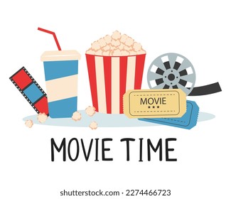 Elements on the theme of the film. Popcorn, a drink and a movie ticket. Vector illustration