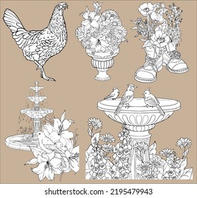 Elementos sobre el tema del jardín. Vector blanco y negro para colorear libros. Rooster. La fuente. Flores en un jarrón.