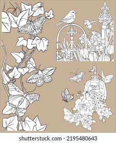 Elements on the theme of the garden. Black and white vector for coloring books. Liana. Cage for birds. Metal fence.