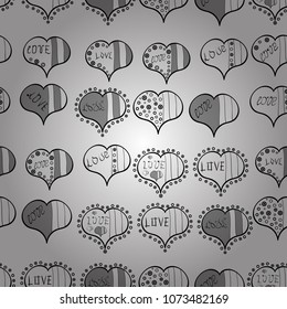 Elements on white, gray and black colors. Seamless Love pattern with hand drawn doodle hearts. Valentines Day design.