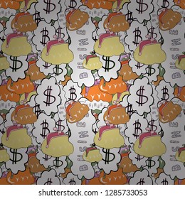 Elements on white, orange and yellow colors. Money illustration. Seamless Various money dollar and bitcoin vector set.