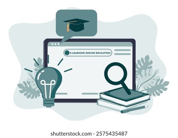 Elements of online learning with a graduation cap, magnifying glass, and light bulb, symbolizing education, innovation, and exploration using digital platforms. Flat vector modern illustration 