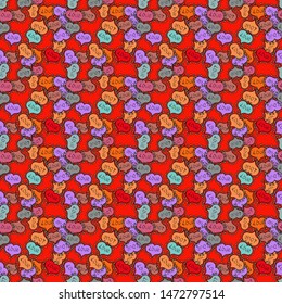 Elements orange, red and black colors on background. Vector pattern for your creativity. Seamless festive texture with doodle hearts and love inscription.