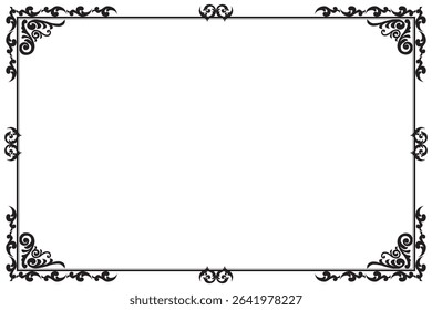 Elements of ornate vintage frames. Border black on white classic calligraphy swirls, floral motifs. Design print for greeting cards, wedding invitations, restaurant menu, royal certificates. Set 261
