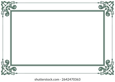 Elements of ornate vintage frames. Border green on white classic calligraphy swirls, floral motifs. Design print for greeting cards, wedding invitations, restaurant menu, royal certificates. Set 269