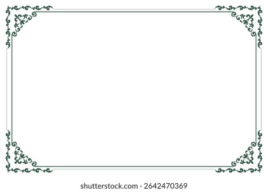 Elements of ornate vintage frames. Border green on white classic calligraphy swirls, floral motifs. Design print for greeting cards, wedding invitations, restaurant menu, royal certificates. Set 1