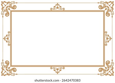 Elements of ornate vintage frames. Border gold on white classic calligraphy swirls, floral motifs. Design print for greeting cards, wedding invitations, restaurant menu, royal certificates. Set 1