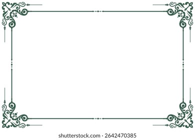 Elements of ornate vintage frames. Border green on white classic calligraphy swirls, floral motifs. Design print for greeting cards, wedding invitations, restaurant menu, royal certificates. Set 267