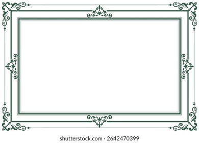Elements of ornate vintage frames. Border green on white classic calligraphy swirls, floral motifs. Design print for greeting cards, wedding invitations, restaurant menu, royal certificates. Set 711