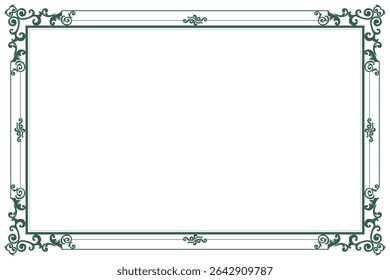 Elementos de quadros vintage ornamentados. Borda verde em redemoinhos de caligrafia clássica branca, motivos florais. Impressão de design para cartões de saudação, convites de casamento, menu de restaurante, certificados reais. Conjunto 295